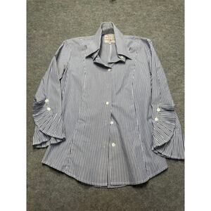 Bell Blue & White Stripe Cotton Blouse – Ruffle Bell Sleeves – Size 2
